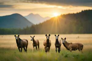 ein Gruppe von Elch sind Stehen im ein Feld. KI-generiert foto