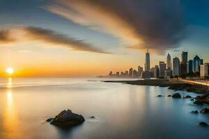 das Sonne steigt an Über das Stadt Horizont im Dubai. KI-generiert foto