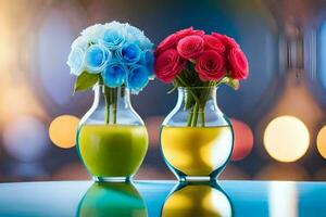 zwei Vasen mit bunt Blumen im Sie auf ein Tisch. KI-generiert foto