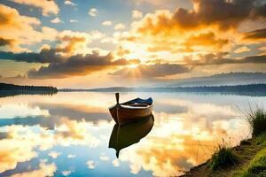 ein Boot ist Sitzung auf das Ufer von ein See beim Sonnenuntergang. KI-generiert foto