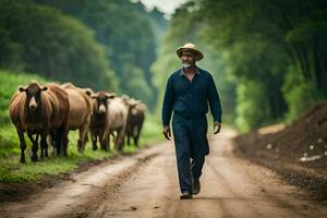 ein Mann Gehen Nieder ein Schmutz Straße mit Kühe. KI-generiert foto