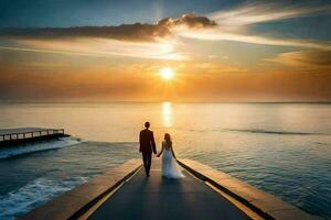 ein Braut und Bräutigam gehen entlang das Seebrücke beim Sonnenuntergang. KI-generiert foto