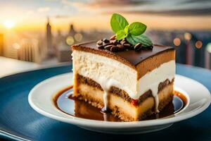 ein Stück von Kuchen auf ein Teller mit ein Stadt Sicht. KI-generiert foto