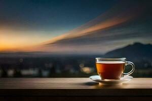 ein Tasse von Tee auf ein Balkon mit Blick auf das Berge. KI-generiert foto