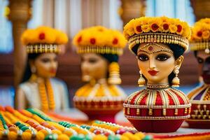 indisch Hochzeit Dekorationen mit bunt Blumen und Gold Schmuck. KI-generiert foto