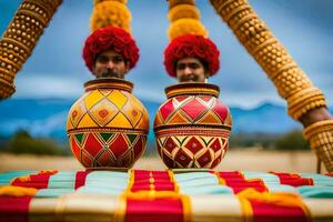 zwei Männer im traditionell indisch Gewand sind halten bunt Vasen. KI-generiert foto