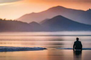 ein Mann Sitzung auf das Kante von ein See beim Sonnenuntergang. KI-generiert foto