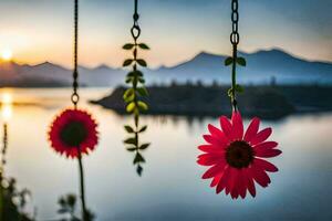 Foto Hintergrund das Himmel, Blumen, das Berge, das See, das Sonne, das Blumen,. KI-generiert