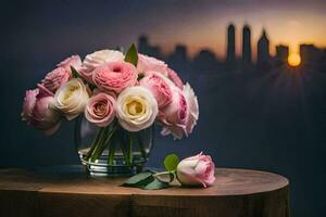 Rosa Rosen im ein Vase auf ein Tabelle mit ein Stadt im das Hintergrund. KI-generiert foto