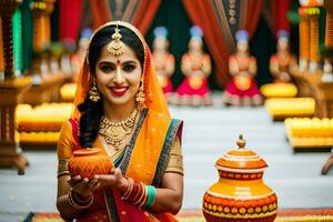 ein schön indisch Frau im traditionell Kleidung halten ein Topf. KI-generiert foto