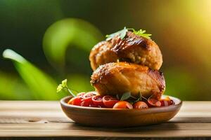 Hähnchen Flügel im ein Schüssel mit Tomaten. KI-generiert foto