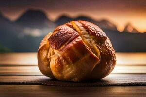 ein Stück von Brot auf ein Tabelle mit Berge im das Hintergrund. KI-generiert foto