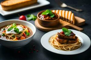 ein Tabelle mit zwei Schalen von Essen und ein Teller von Brot. KI-generiert foto