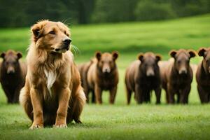 ein Hund Sitzung im das Gras mit ein Herde von braun Kühe. KI-generiert foto