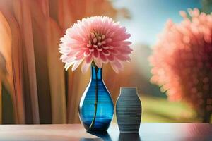 ein Blau Vase mit ein Rosa Blume Sitzung auf ein Tisch. KI-generiert foto