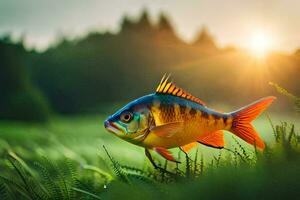 Foto Hintergrund das Himmel, Gras, Fisch, Sonnenuntergang, das Sonne, das Fisch, das Fisch. KI-generiert