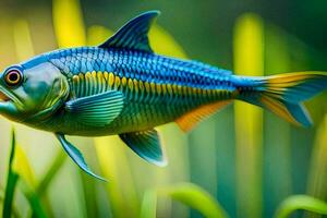 ein Blau und Gelb Fisch ist schwebend im das Gras. KI-generiert foto