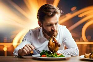 ein Mann ist Essen ein Hähnchen Bein auf ein Platte. KI-generiert foto