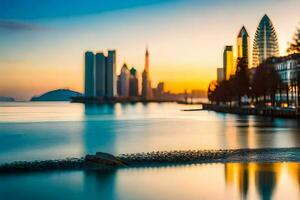 das Stadt Horizont beim Sonnenuntergang im Dubai. KI-generiert foto