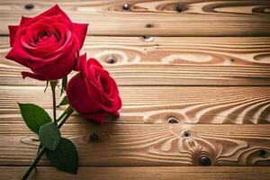 zwei rot Rosen auf ein hölzern Tisch. KI-generiert foto