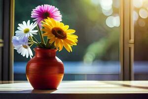 ein Vase mit Blumen Sitzung auf ein Tabelle in der Nähe von ein Fenster. KI-generiert foto