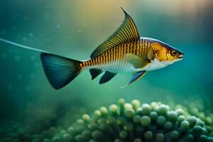 ein Fisch Schwimmen im das Ozean mit etwas Koralle. KI-generiert foto