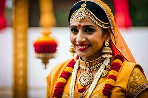 ein schön indisch Braut lächelnd im traditionell Kleidung. KI-generiert foto