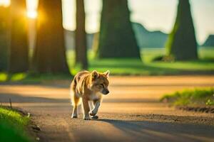 ein Hund Gehen Nieder ein Straße im das Sonne. KI-generiert foto