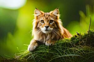 ein Luchs Katze ist Sitzung auf oben von ein Moos bedeckt hügel. KI-generiert foto