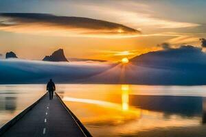 ein Mann Spaziergänge entlang ein Seebrücke beim Sonnenuntergang. KI-generiert foto