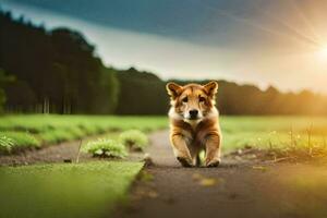 Foto Hintergrund das Himmel, Hund, Person, das Sonne, das Feld, das Straße, Die. KI-generiert