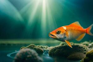 ein Fisch im das Wasser mit Sonnenlicht leuchtenden. KI-generiert foto