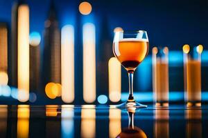 Wein Glas auf das Tabelle mit Stadt Beleuchtung im das Hintergrund. KI-generiert foto