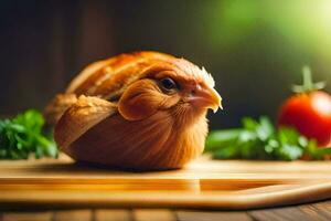 ein Hähnchen ist Sitzung auf ein Schneiden Tafel mit Gemüse. KI-generiert foto