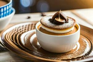 ein Dessert auf ein Teller mit ein Tasse von Kaffee. KI-generiert foto