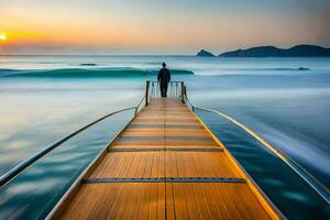 ein Mann steht auf ein hölzern Dock suchen aus beim das Ozean. KI-generiert foto