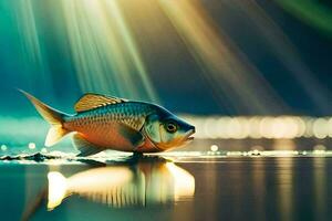 ein Fisch ist Stehen auf das Wasser mit Sonnenlicht leuchtenden. KI-generiert foto