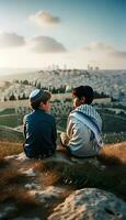 Symbol von Frieden jüdisch und palästinensisch freunde im Jerusalem. generativ ai foto