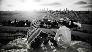 Symbol von Frieden jüdisch und palästinensisch freunde im Jerusalem. generativ ai foto