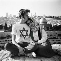 jung Paar im Liebe Symbol von Frieden und Versöhnung im Jerusalem. generativ ai. foto