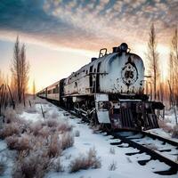 Einsamkeit im Schnee verlassen Zug inmitten des Winters Umarmung generativ ai foto