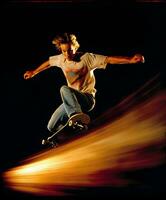 90er Jahre Stimmung dynamisch Skateboarding Pose durch Teenager generativ ai foto