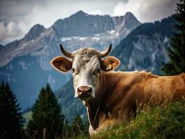 ai generiert Landschaft majestätisch Kuh Weiden lassen im das alp Berge foto