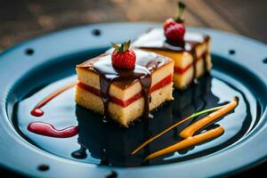 ein Stück von Kuchen mit Schokolade und Erdbeeren auf ein Blau Platte. KI-generiert foto