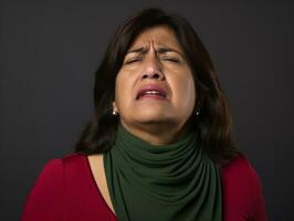Mexikaner Frau erscheint zu Sein im Schmerzen auf grau Hintergrund ai generativ foto