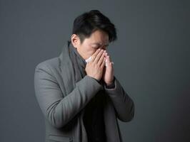asiatisch Mann ist gezeigt Leiden von kalt mit flüssig Nase auf grau Hintergrund ai generativ foto