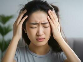 asiatisch Frau erscheint zu Sein im Schmerzen von Kopfschmerzen ai generativ foto