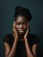schwarz Frau erscheint zu Sein im Schmerzen von Kopfschmerzen ai generativ foto