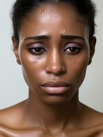 afrikanisch Frau ist traurig auf ein minimalistisch neutral Hintergrund ai generativ foto