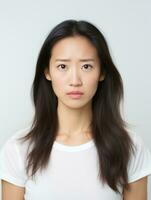 asiatisch Frau ist traurig auf ein minimalistisch neutral Hintergrund ai generativ foto